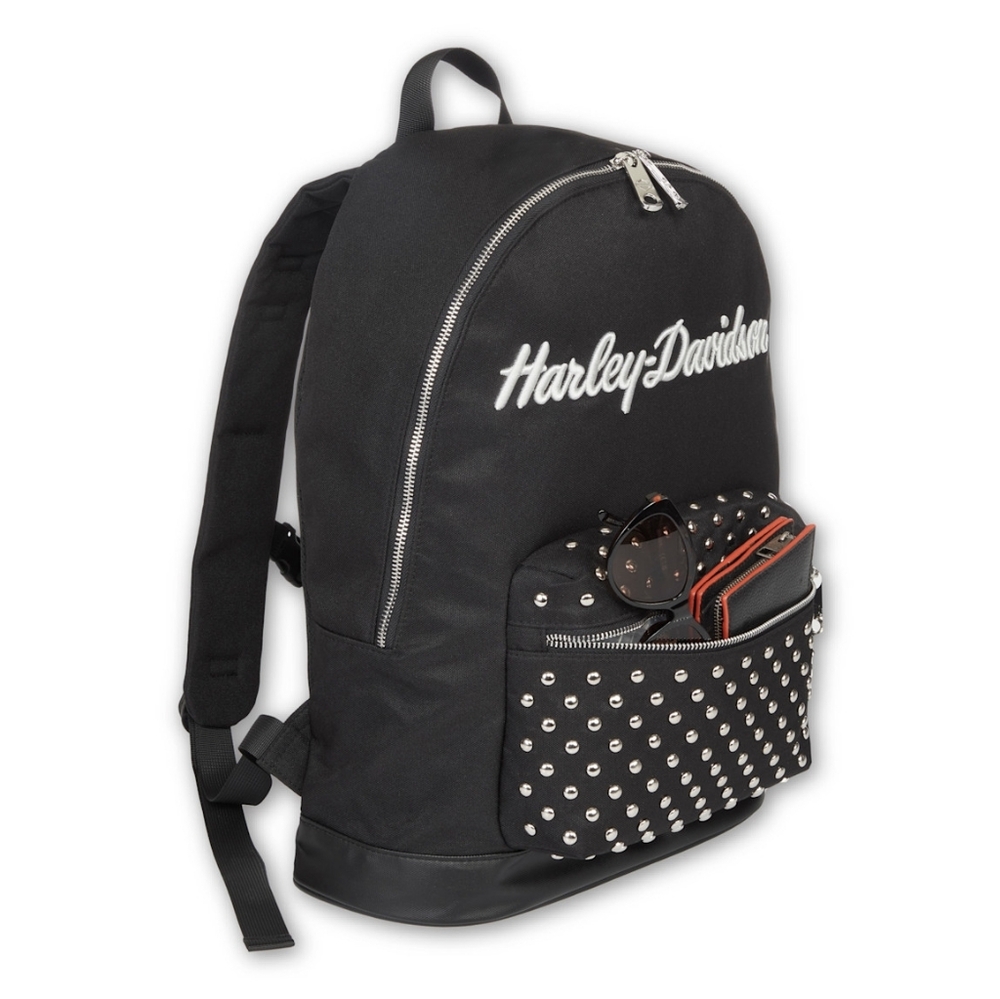 Harley-Davidson Women's Classic Studded Backpack, 3D Embroidered Logo - Black - Picture 2 of 6